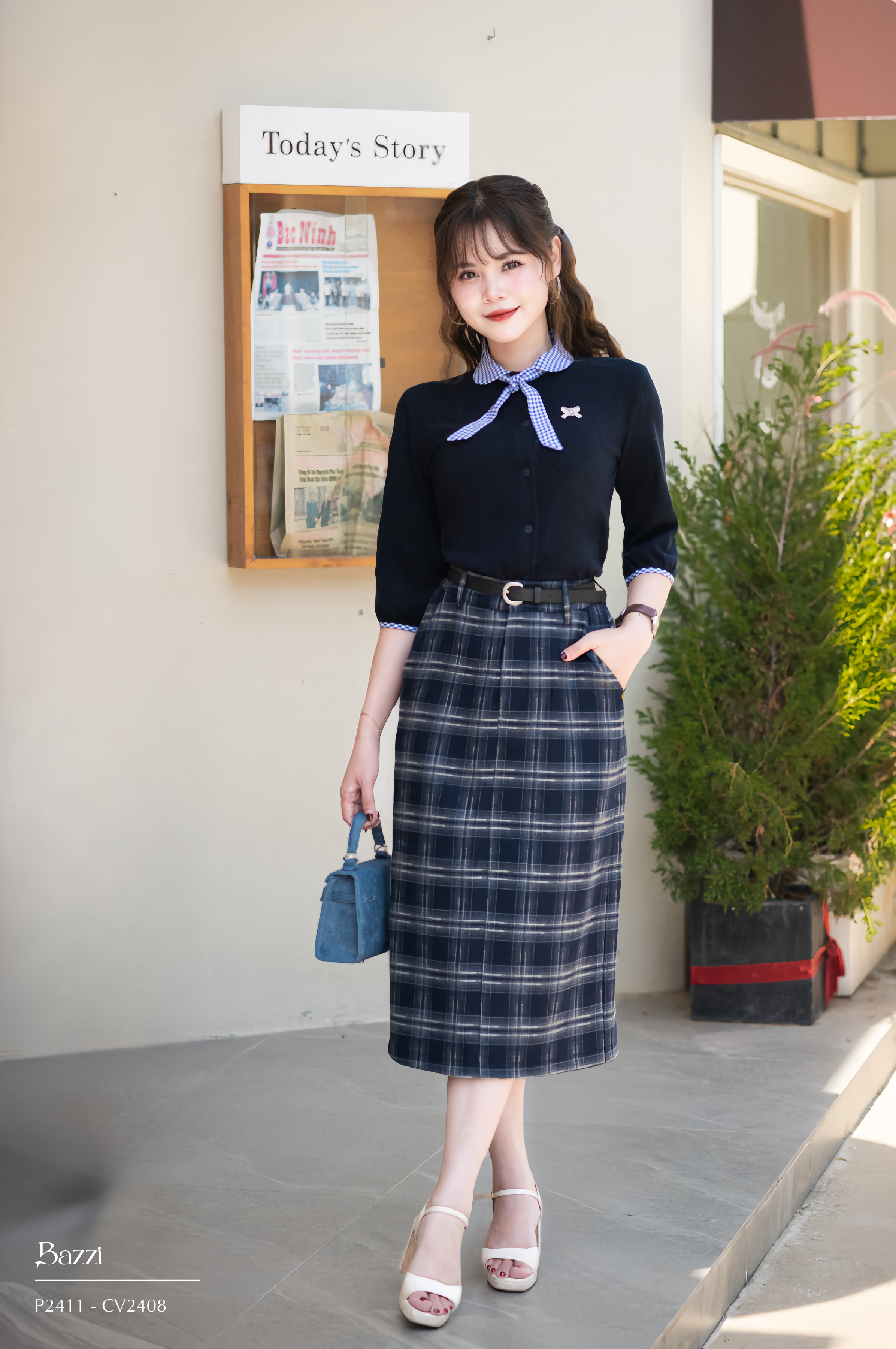 CV2408 - Chân váy caro dáng A cạp chun (kèm đai) - Caro xanh - S